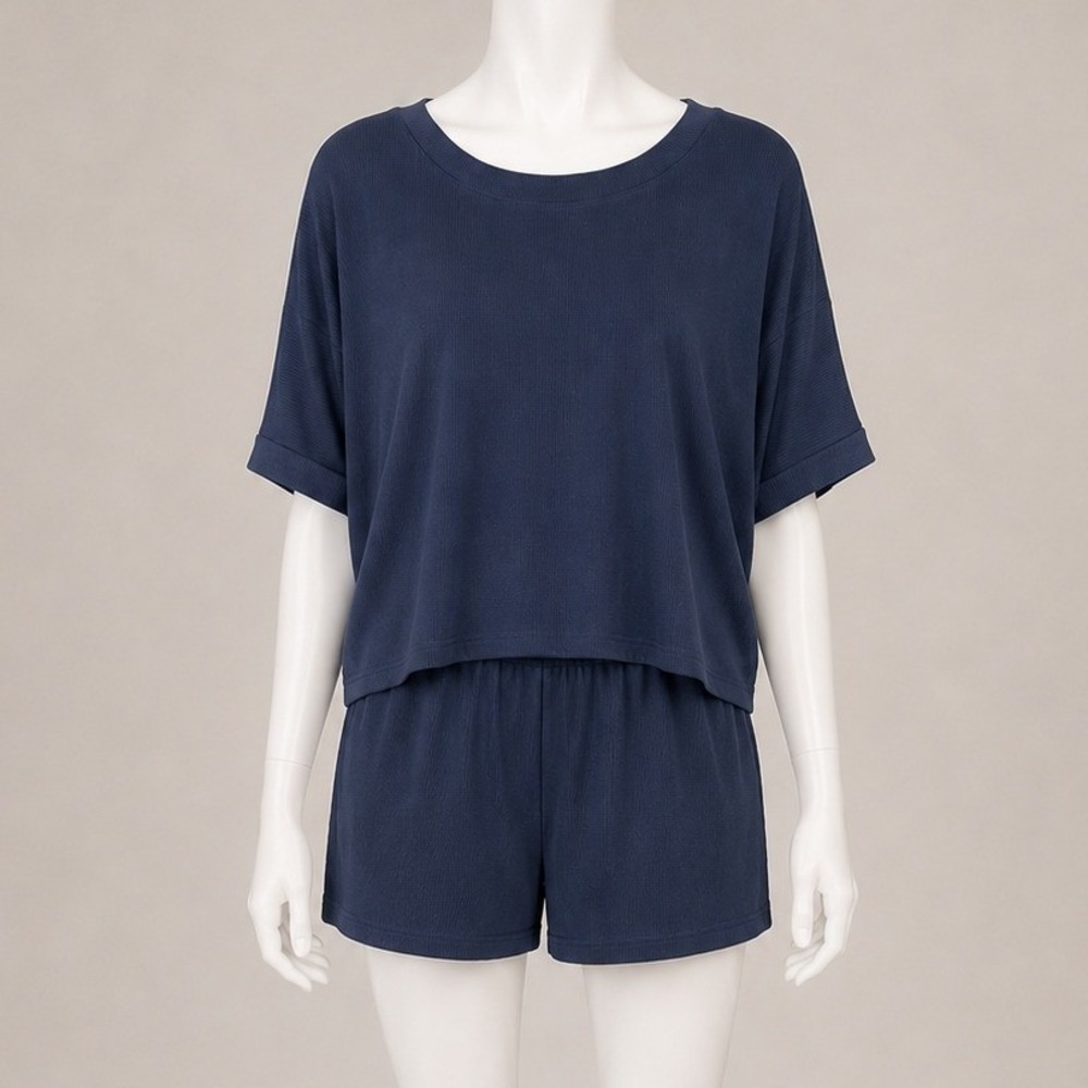 Ekouaer 2XL Navy Blue Ribbed Lounge Set | Soft Cozy Matching Set Athleisure Chic